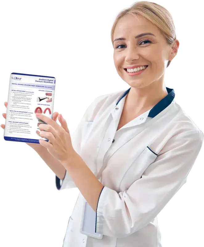 Dental professional reviewing digital denture workflow on a tablet